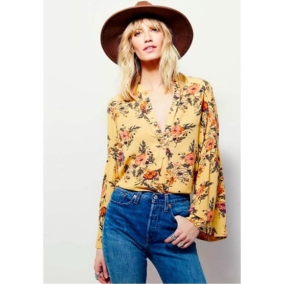 Free People Tops - Free People yellow floral bell sleeve blouse